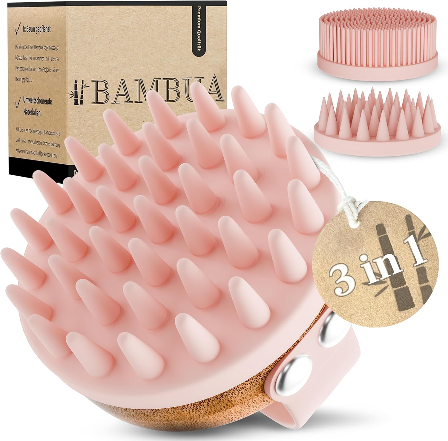 BAMBUA Kopfhaut-Massagebürste (3 Aufsätze) – silikon Shampoo-Bürste aus Moso-Bambus, Anti‑Schuppen & Tiefenreinigung, nachhaltig (Rosa)